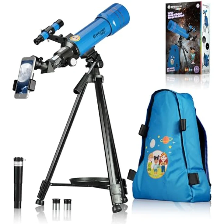 Bresser Junior Kinderteleskop 70/400 Linsenteleskop für Kinder ab 8 Jahren, Astronomie Einsteiger, Teleskop mit Rucksack, Zubehör & Smartphone-Halterung, Nachthimmel Beobachtung blau – Bild 1