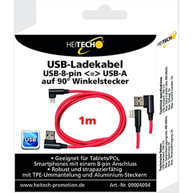 HEITECH USB-Ladekabel,USB-8-pin<=> USB-Aauf 90 Gr Winkelstecker 1 m