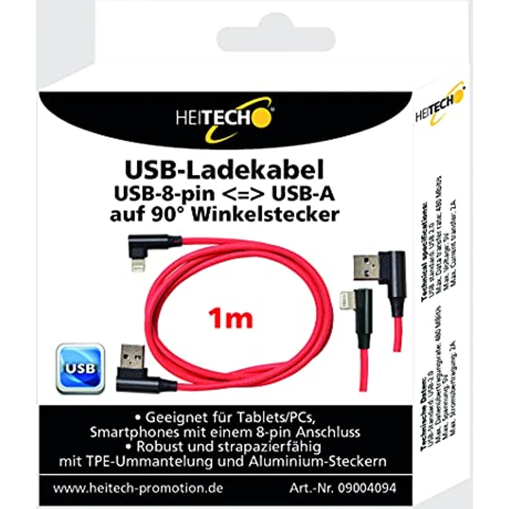HEITECH USB-Ladekabel,USB-8-pin<=> USB-Aauf 90 Gr Winkelstecker 1 m