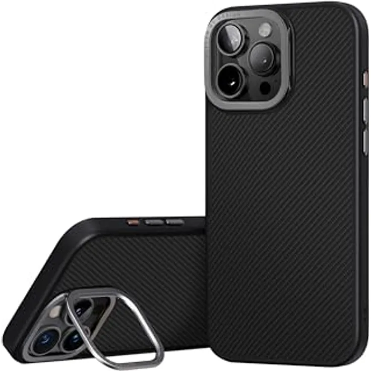 UNIQ KEVA MAX, Schutzhülle für iPhone 16 Pro Max, Aramidfaser, Carbon-Schwarz, mit verbessertem Magnetladen und integriertem Kameraflip-Ständer