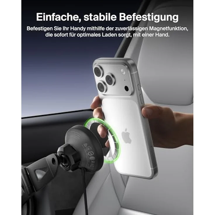 Belkin Magn.kabelloses Kfz-Ladegerät Qi2 WIC013hqBK mit Halterung, 15 W, Wireless Charger, Schwarz – Bild 4