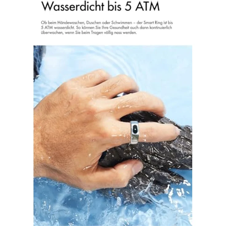 Newgen Medicals Fitness-Smart-Ring FRI-101, Fitnesstracker-Ring mit Touch-Bedienung, Herzfrequenz-, SpO2- und Temperaturmessung, wasserdicht bis 5 ATM, Größe 68, silber gebürstet – Bild 3