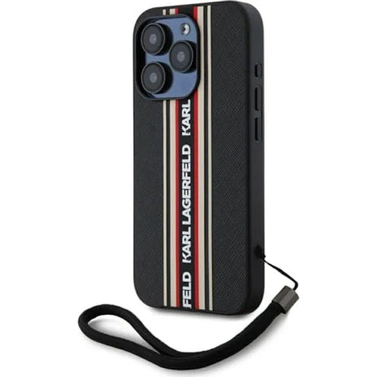 CG MOBILE Saffiano Athleisure Stripes Cord für iPhone 15 Pro Max, Hardcase aus TPU/PC/Öko-Leder, Schwarz