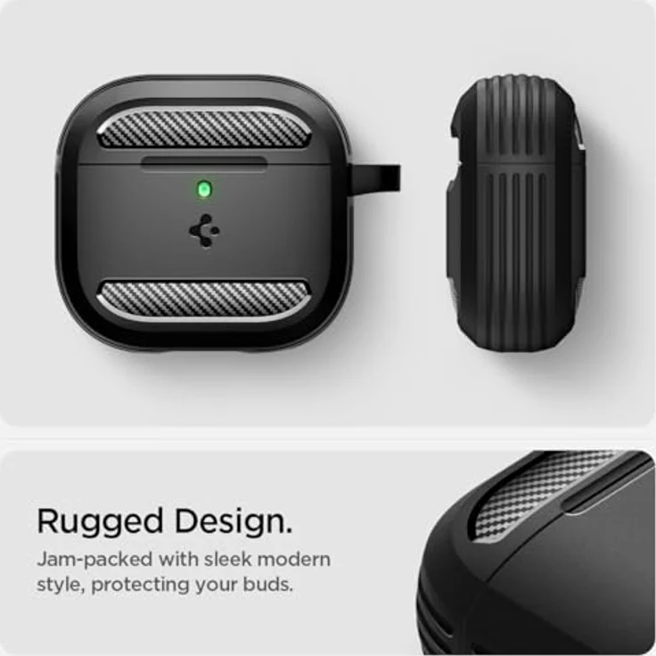 Spigen Rugged Armor Hülle Case kompatibel mit AirPods 4 (2024) - Matt Schwarz, TPU Hülle mit Karabiner und kabellosem Laden – Bild 3