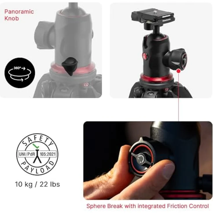 Manfrotto 190X AS Aluminium Kamerastativ mit Kugelkopf, 10 kg Traglast, Arca-Swiss Platte, Quick Power Lock - für DSLR und spiegellose Kamera – Bild 4