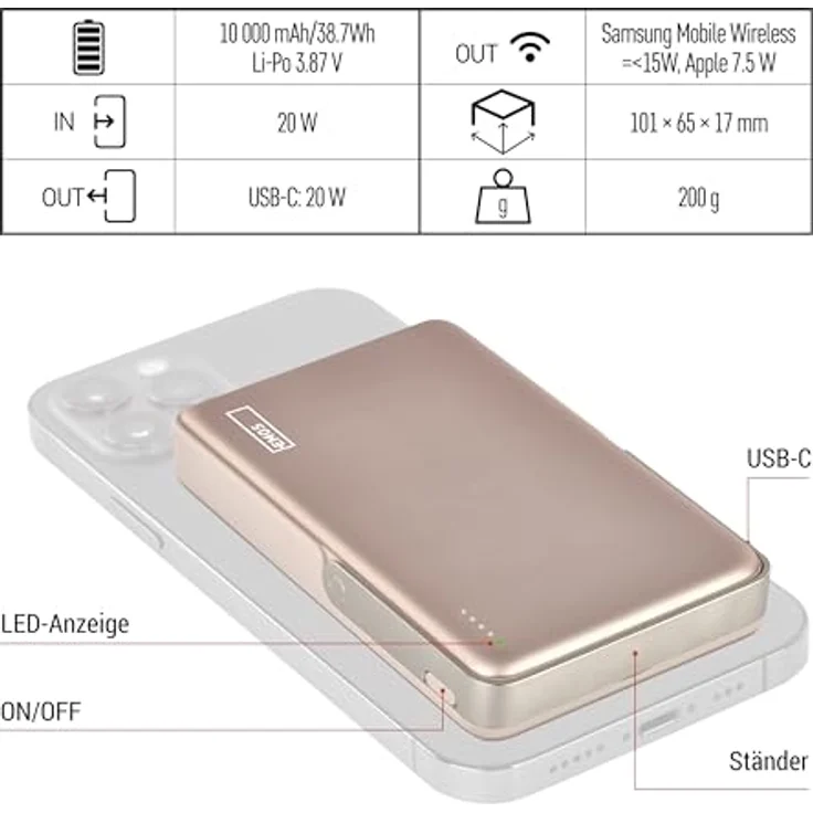 EMOS Powerbank WI 1031, 10.000 mAh, magnetischer externer Akku mit Passthrough und Wireless-Charging, USB-C-Port, Rosagold – Bild 3