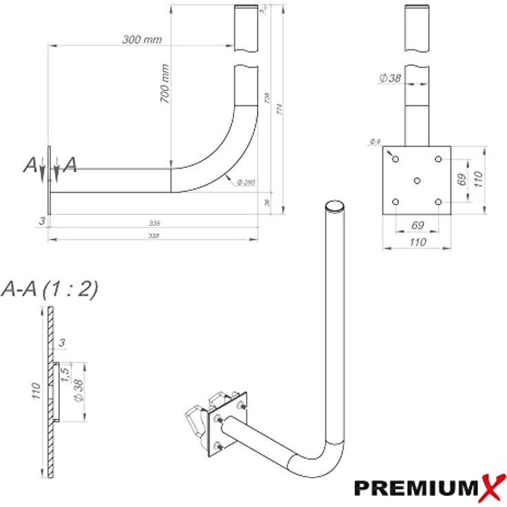 PremiumX 30cm Wandhalter für Wetterstation, 70cm Mast aus Stahl Ø 38mm mit Zahnschellen, extra lang – Bild 3