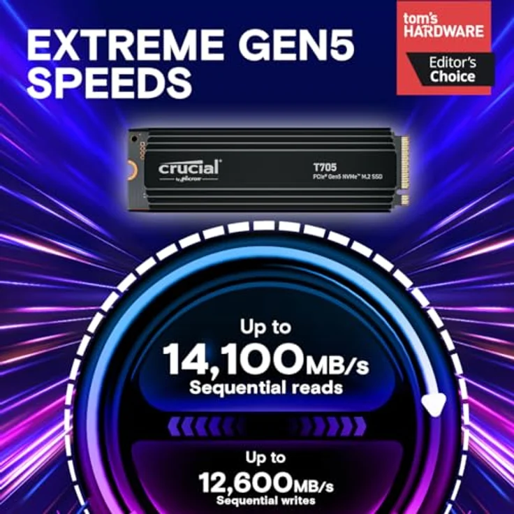 Crucial T705 Heatsink 4TB SSD PCIe Gen5 NVMe M.2 Interne SSD mit Premium-Kühlkörper (Neu 2024), bis zu 14.100MB/s, Microsoft DirectStorage, PCIe 3.0 & 4.0 abwärtskompatibel, Solid State Drive - CT4000T705SSD5 – Bild 2