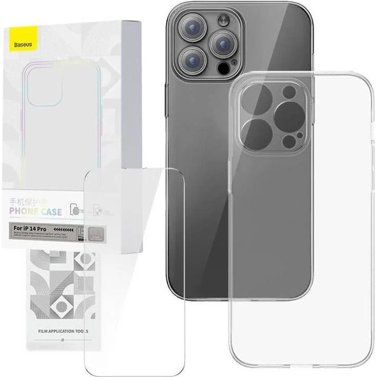 Baseus Transparent Case und Tempered Glass Set für iPhone 14 Pro, TPU-Rahmen, gehärtete Rückseite, erhöhte Kanten, Airbag-Funktion, transparent