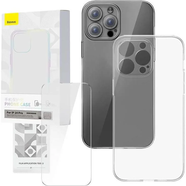 Baseus Transparent Case und Tempered Glass Set für iPhone 14 Pro, TPU-Rahmen, gehärtete Rückseite, erhöhte Kanten, Airbag-Funktion, transparent