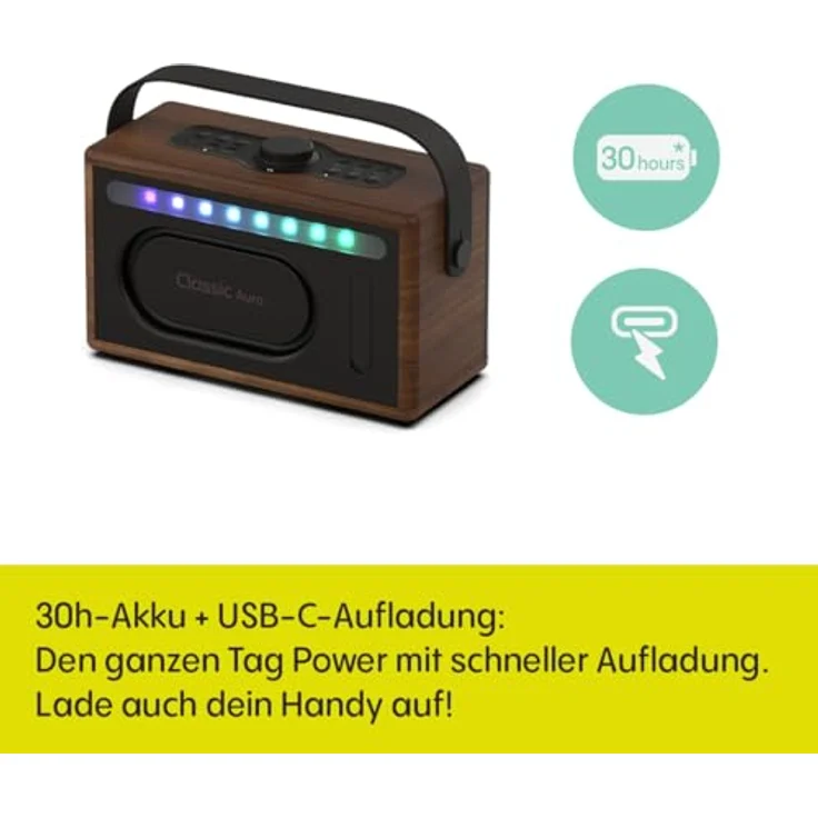 Pure Classic Aura Bluetooth-Lautsprecher 40W, 30h Akku, Lichtmodi, USB-C, AUX, IPX2, Retro-Design in Kaffeebraun mit Walnuss – Bild 3