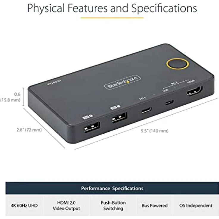 StarTech.com 2 Port Hybrid KVM Switch HDMI + USB-A & USB-C - 4K 60Hz HDMI 2.0 Monitor - Kompakter Desktop und/oder Laptop HDMI KVM Umschalter - USB Bus Powered - Thunderbolt 3 Kompatibel (SV221HUC4K) – Bild 3