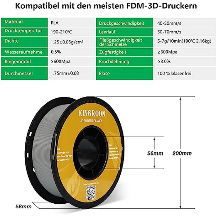 Kingroon PLA Filament 1.75mm, Maßgenauigkeit +/- 0.03mm, 1KG Spule, Grau, für FDM 3D Drucker – Bild 5