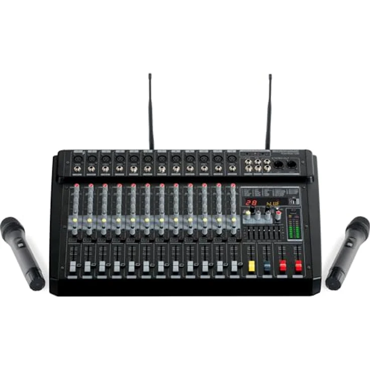 Pronomic Powermake 1200 Powermischer - 12-Kanal-Mischpult - 2 UHF-Funkmikrofone - 760 W RMS-Leistung - 24Bit Multi-Effekt-Prozessor - Bluetooth®/USB-Player/Recorder - Grafischer Equalizer - Schwarz – Bild 1