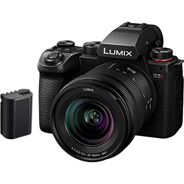 Panasonic LUMIX DC-S5 II Spiegellose Vollformat Kamera mit 20–60 mm F3,5–5,6 Objektiv, 4K 60p und 6K 30p, Flip-Screen, WLAN, Hybrid-Phasen-AF, Active is, Mit Ersatzakku DMW-BLK22, Schwarz