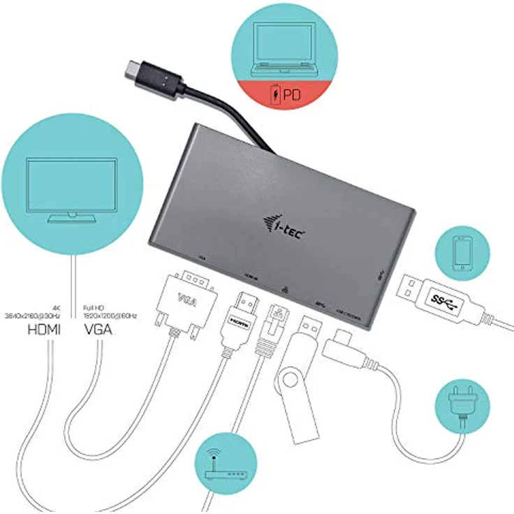 i-tec USB-C 4K Travel Docking Station –Multifunktionsadapter 1x HDMI 4K Ultra HD oder 1x VGA 1x Gigabit Ethernet, 2x USB 3.0 Port 1x USB-C Port 1x USB-C Power Delivery Port kompatible mit Thunderbolt3 – Bild 5