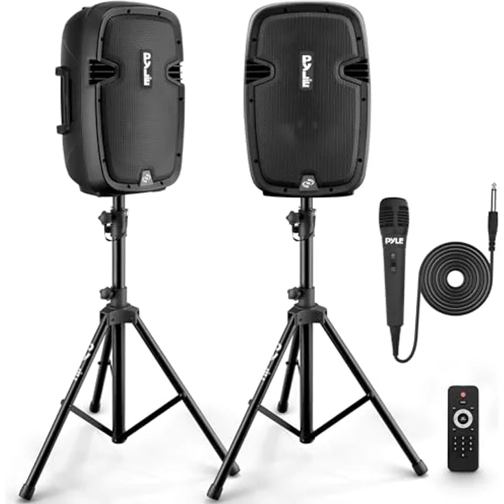 Pyle PA Anlage mit 2x Aktiv- und Passivlautsprechern, Bluetooth Musikbox mit 700 Watt Leistung, inkl. Mikrofon, 2 Boxenständer & Fernbedienung