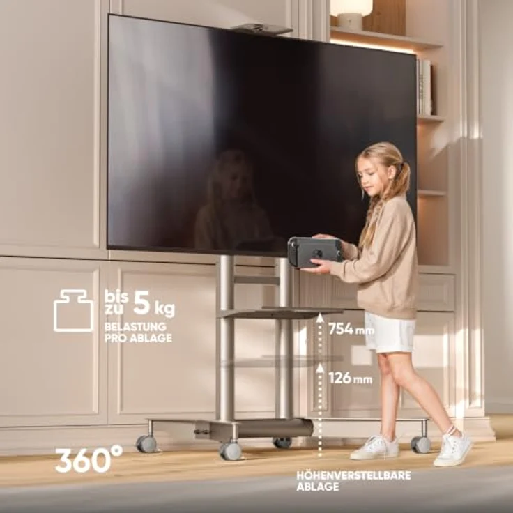ONKRON TS1571-C, mobiler TV Ständer rollbar für 32-75" Fernseher bis 50 kg, höhenverstellbar, inkl. Ablage und Kabelmanagement, Champagner – Bild 5