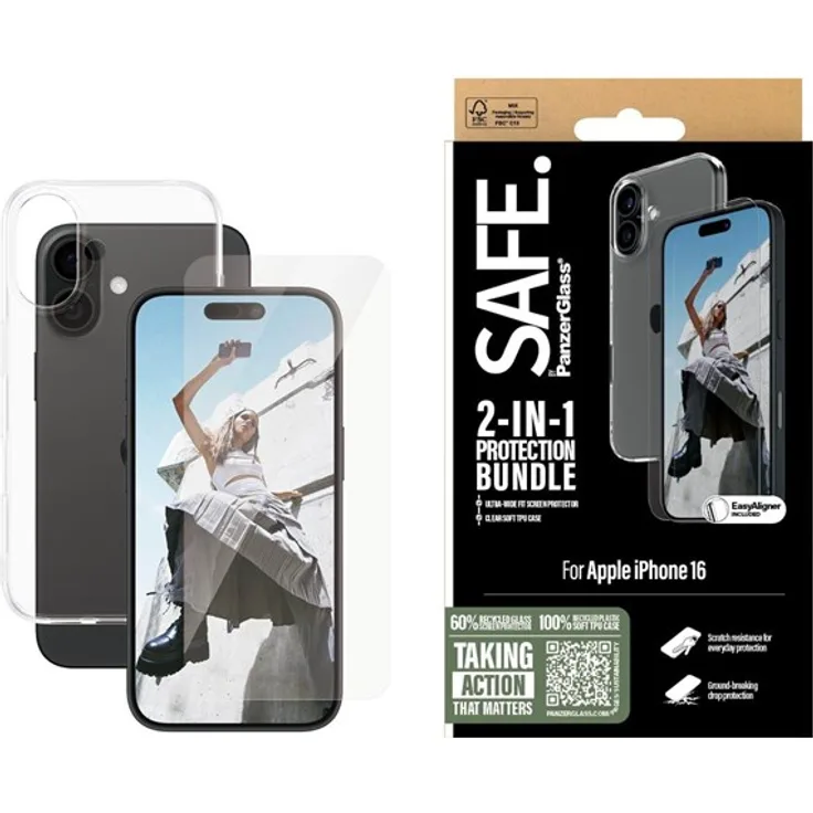SAFE by PanzerGlass 2-in-1 Protection Bundle für iPhone 16, Displayschutzfolie mit 60% recyceltem Glas, militärischem Schutzstandard, kratzfest und einfach zu installieren