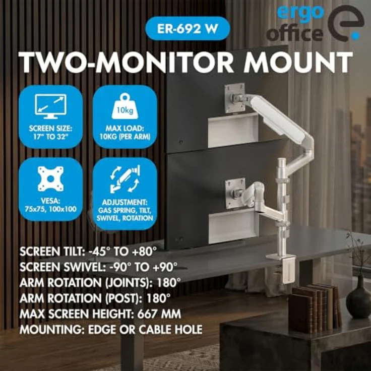 Ergo Office ER-692 Dual-Monitorhalterung für 2 Monitore (17–32 Zoll), Gasfeder, VESA 75x75/100x100, max. 10 kg pro Arm – Bild 7