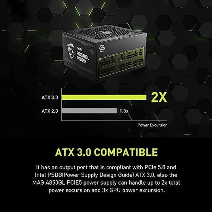 MSI MAG A850GL, ATX 3.0 Gaming-Netzteil mit 850 W, 80 Plus Gold Zertifizierung, vollständig modular, kompakte Größe – Bild 5