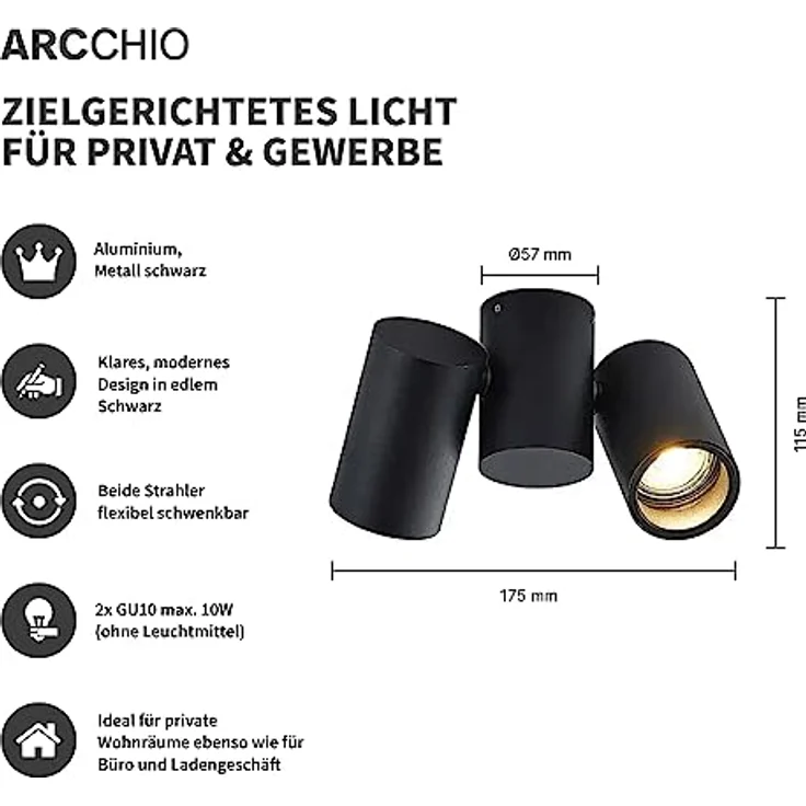 Arcchio Deckenlampe Aluminium schwarz, Deckenstrahler schwenkbar, Deckenspot 2 x GU10 max. 50W, Design ohne Kompromisse – Bild 2