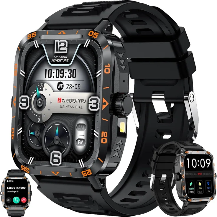 SGDDFIT 1.95 Zoll AMOLED Smartwatch Herren, Fitnessuhr mit Bluetooth Anrufen, 5ATM wasserdicht, 100+ Sportmodi, Schlafmonitor, lange Akkulaufzeit