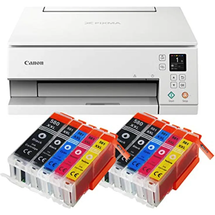 IC-Office TS6351a Farbtintenstrahl-Multifunktionsgerät All-in-One 3-in-1 (Drucker, Scanner, Kopierer, USB, WLAN, Apple AirPrint) Weiß + 10 XXL Tintenpatronen
