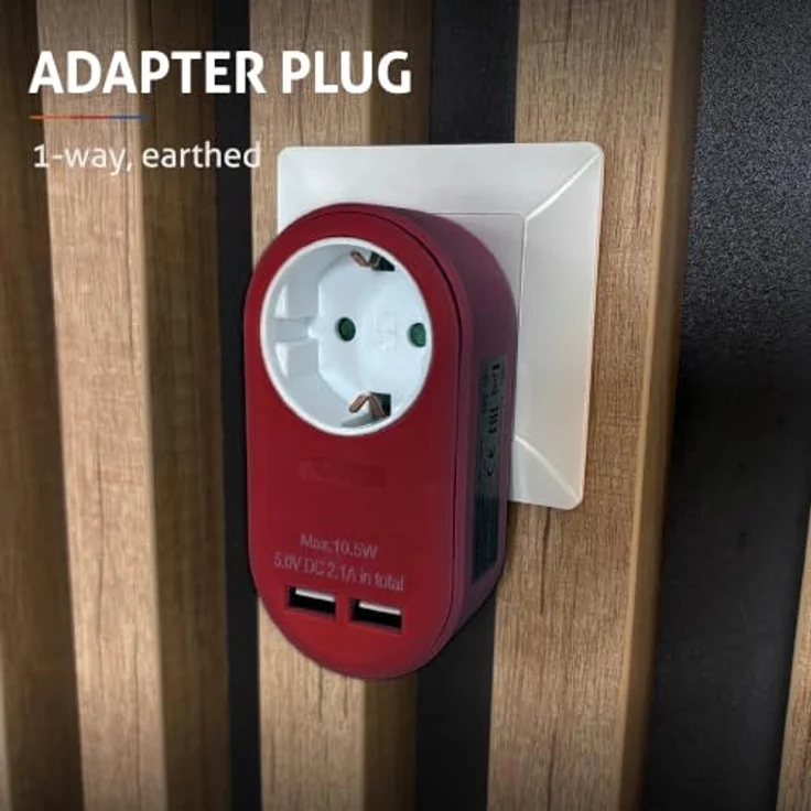 Entac Power Adapter, 1 Grounded Socket und 2 USB-Anschlüsse (2.1A), burgundy, kompaktes Design – Bild 4