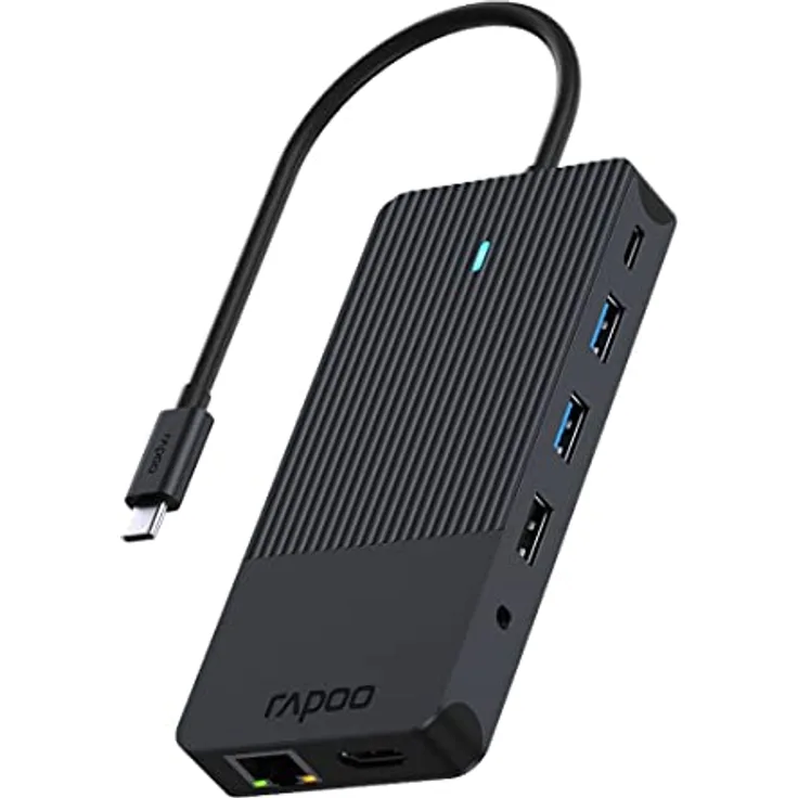 Rapoo UCM-2006 USB-C Multiport Adapter 12-in-1, 100W Power Delievery, 2x 4K HDMI, 4K DisplayPort, 1 Gbps LAN, 1 USB-C und 2 USB-A 3.0 Datenports, Micro SD / SD Speicherkartenleser, AUX