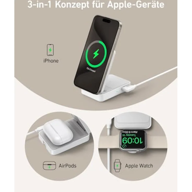 Anker MagGo 3-in-1 Ladestation, Qi2 zertifiziert, 15W kabellos, MagSafe kompatibel, Apple Watch Ladegerät, für iPhone 15/14, AirPods, Apple Watch 9 (mit 40W USB-C Netzteil) – Bild 5