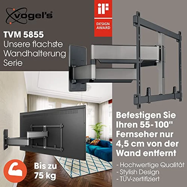 Vogel's TVM Elite 5855 Ultrastarke schwenkbare TV-Wandhalterung für große und schwere Fernseher von bis zu 100 Zoll und 75 kg, Schwenkbar bis zu 120°, Max. VESA 600x400, Universelle Kompatibilität – Bild 2