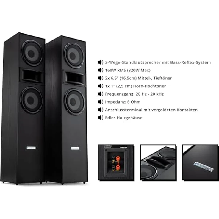 McGrey HTS-65320 BK 3-Wege HiFi Standlautsprecher Paar - 160W RMS - 2x 6,5" Mittel-, Tieftöner - 1" Hochtöner - Bassreflex-Konstruktion - Holzoptik schwarz – Bild 2