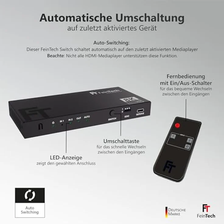 FeinTech SW212 HDMI 2.1 Switch 2 In 1 Out mit Audio Extractor, 4K 120Hz, 8K 60Hz, automatischer Umschaltung, VRR, ALLM, Optical SPDIF und 3,5 mm Klinke – Bild 5
