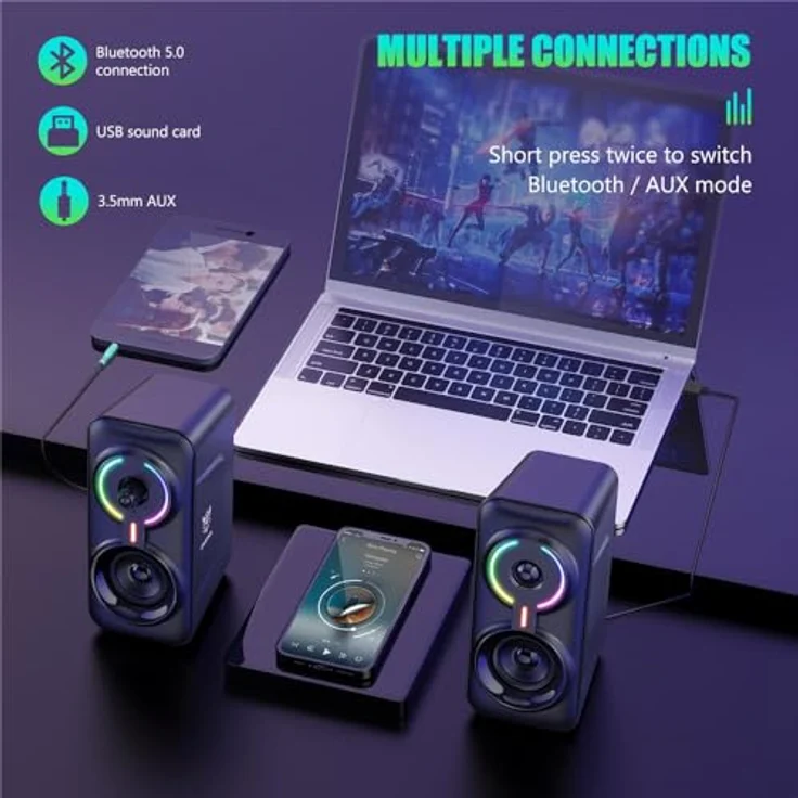 ONIKUMA L6 Multimedia Gaming Speaker, 10 Watt mit BT5.0 und multicolor LED-Beleuchtung, Schwarz – Bild 2