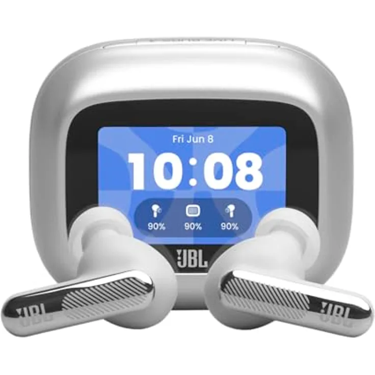 JBL Live Beam 4, Kabellose Noise-Cancelling-Ohrhörer mit Hi-Res Audio, Smart Charging Case, 48 Std. Akkulaufzeit, IP55 wasserdicht, Silber