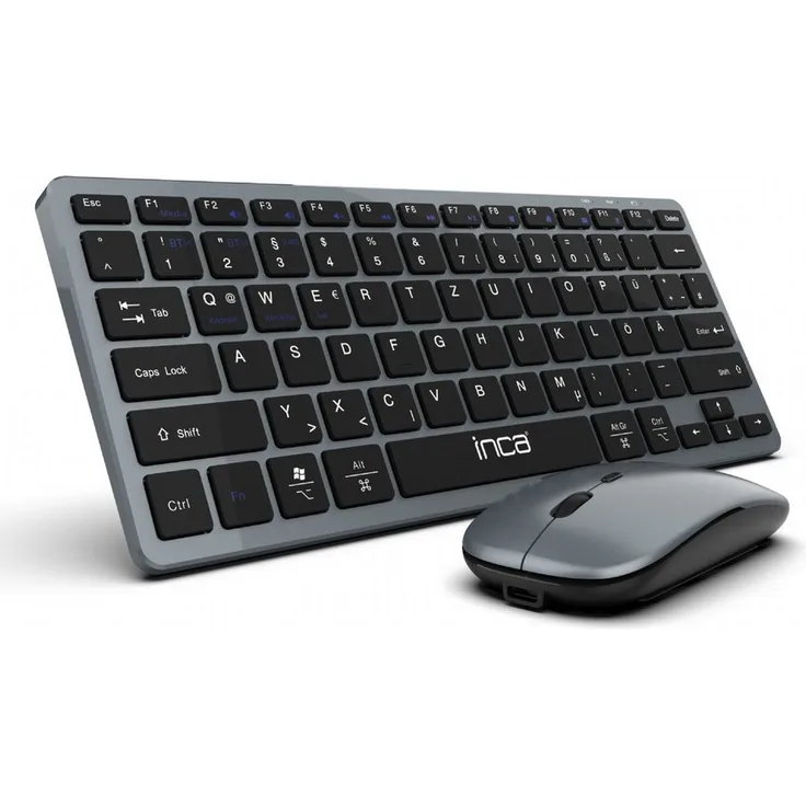 INCA Smart Wireless Drahtlos Tastatur und Maus-Set wiederaufladbarer Akku Wireless-Tastatur, Bluetooth 5.0, 78 Tasten, Schwarz