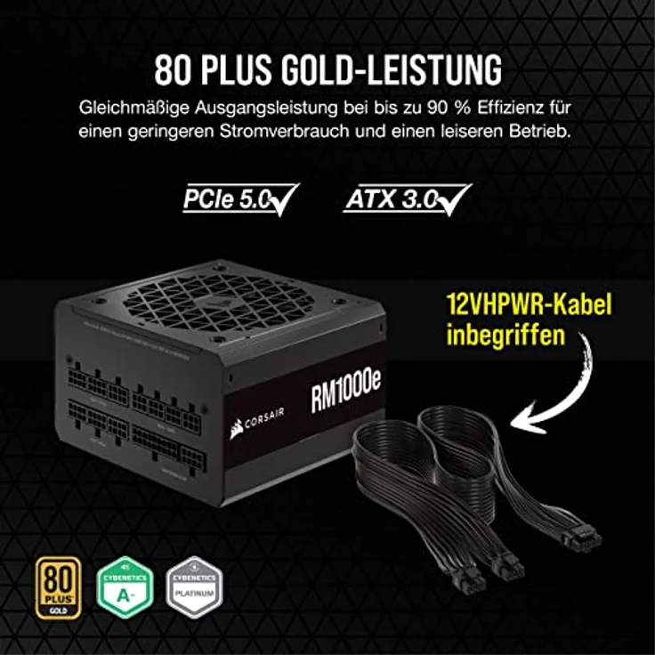Corsair RM1000e (2023) Vollmodulares, Geräuscharmes ATX-Netzteil - ATX 3.0- Und PCIe 5.0-kompatibel - 105°C-Kondensatoren - 80 Plus Gold-Effizienz - Modern Standby-Unterstützung - Schwarz – Bild 3