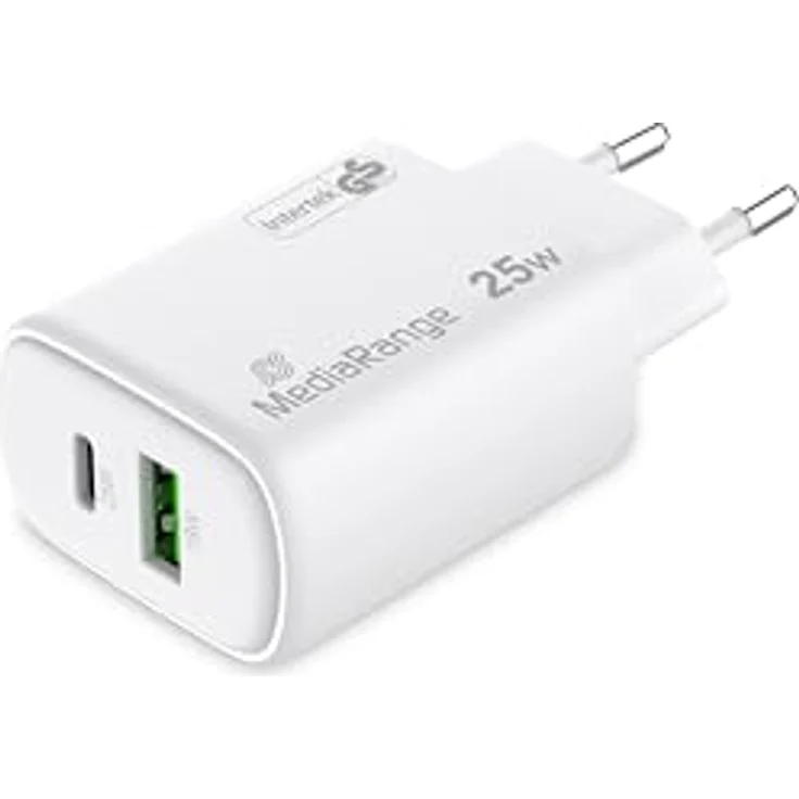 MediaRange 25W GaN Schnellladeadapter (EU-Stecker), 1x USB-C und 1x USB-A, unterstützt USB-C® Power Delivery und Quick Charge™, Weiß, kompakt und leicht – Bild 4