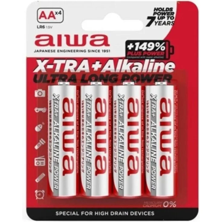 Aiwa X-Tra Alkaline AA-Batterien LR6, 1,5 V, weiß, Blister mit 4 Stück, hohe Energiekapazität für zuverlässige Leistung
