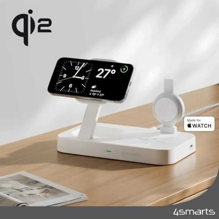 4smarts Wireless Charger Qi2 (15 W), kabellose Ladestation für Smartphones, Headsets und Apple Watch, Weiss – Bild 2
