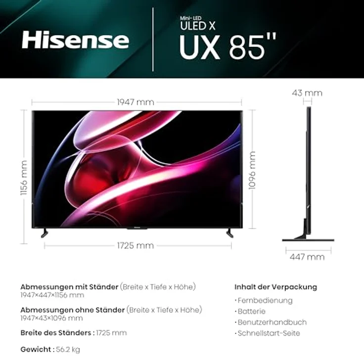 Hisense 85UXKQ 217 cm (85 Zoll) Fernseher, 4K Mini LED ULED, Smart TV, HDR10+, Dolby Vision IQ, Triple Tuner, 144 Hz (VRR), Airplay, Alexa Built-in, Dolby Atmos, Anthrazit (2023) – Bild 2