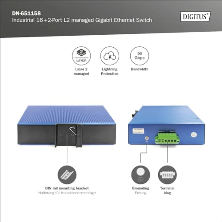 DIGITUS industrieller Managed 18-Port Gigabit Ethernet Netzwerk-Switch - 16x RJ45 + 2X SFP-Uplink - 1x Console Port - L2 Managed - Hutschienenmontage - 10/100/1000Mbps – Bild 3