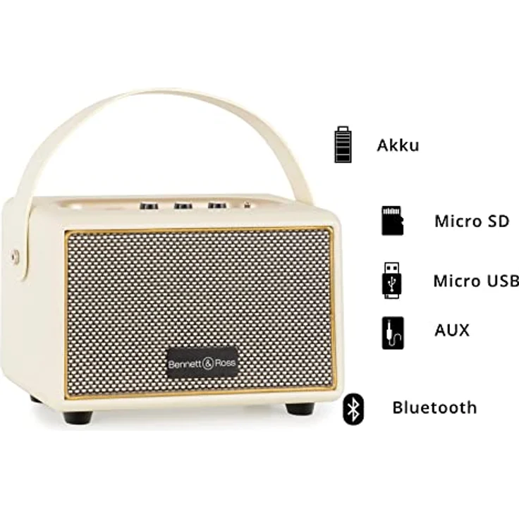 Bennett & Ross BB-820CW Blackmore Junior Version 2020 - Retro Bluetooth Lautsprecher in Lederoptik mit 5200 mAh Akku - Vintage Speaker mit 20W - MicroSD-Eingang mit MP3-Player - Aux-in - Weiß – Bild 3