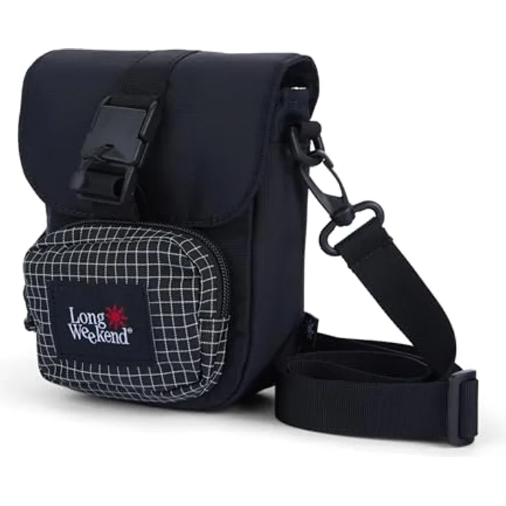 Long Weekend Crossbody Camera Pouch, Wasserfeste Kameratasche mit Schnallenverschluss, zwei Seitentaschen, abnehmbares Trageband, Schwarz