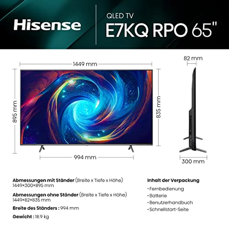 Hisense 65E7KQ PRO 164cm (65 Zoll) Fernseher, 4K UHD, QLED, Smart TV, HDR, Dolby Vision IQ, 144Hz (VRR), HDMI 2.1, Game Mode PRO, Triple Tuner, Alexa Built-In, Dolby Atmos, Dunkelgrau [2023] – Bild 2