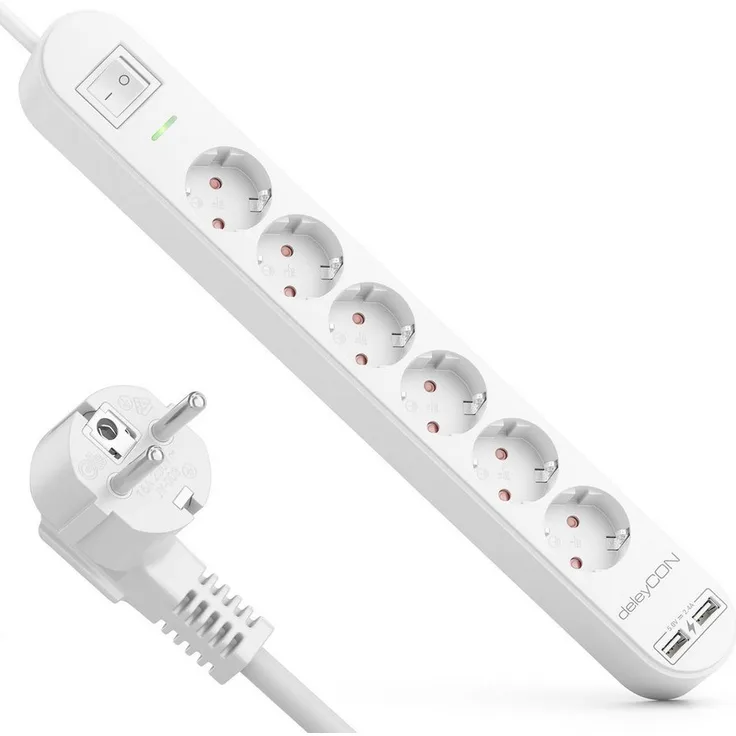 deleyCON 6 Fach Steckdosenleiste mit USB-A und EIN/AUS Schalter, Weiß