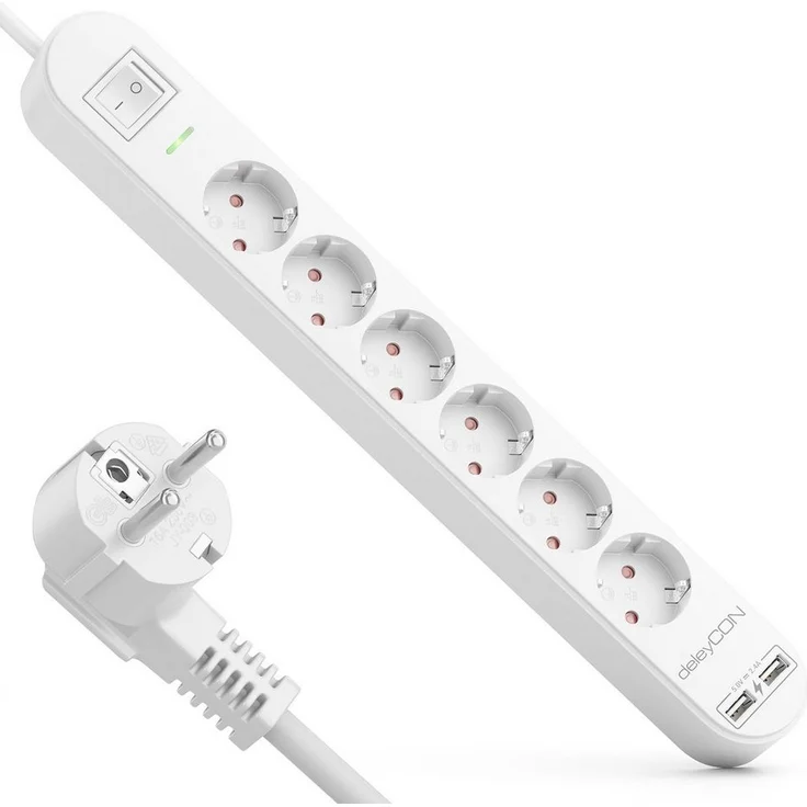 deleyCON 6 Fach Steckdosenleiste mit USB-A und EIN/AUS Schalter, Weiß – Bild 1