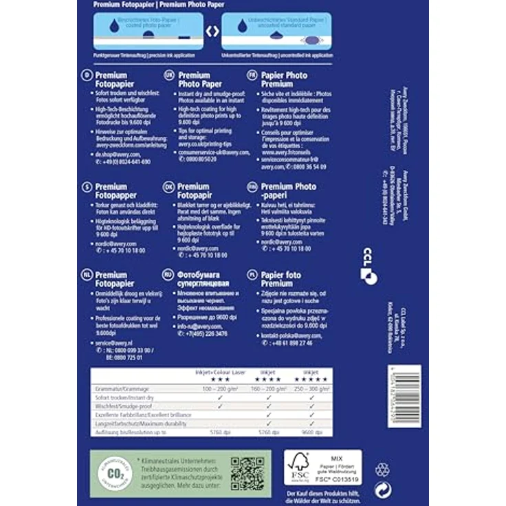 AVERY Zweckform Art. C2560 Premium Inkjet Fotopapier (50 Blatt, 250 g/m², 13x18cm, hochglänzende Fotokarten, einseitig beschichtet, sofort trocken & wischfest, Fotoblätter für Inkjet-Drucker) weiß – Bild 2