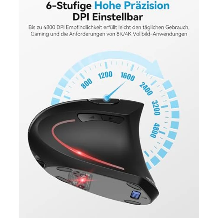 TECKNET Ergonomische Bluetooth Maus Jiggler, Wiederaufladbar, 4800 DPI, Optische Leise Vertikale Funkmaus für Windows, MacOS, Android, iPadOS – Bild 5